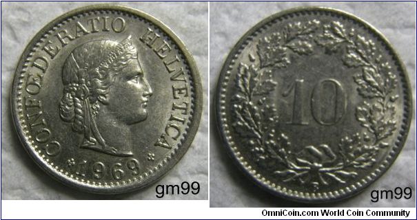 10 Rappen (Copper-Nickel) : 1879-1993
Obverse: Head of Helvetia right, LIBERTAS on headband,
CONFOEDERATIO HELVETICA date
Reverse: Value within wreath,
10