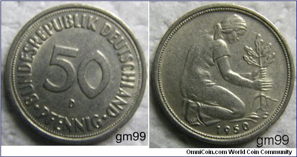 50 Pfennig (Copper-Nickel) 
Obverse; Legend around value,
BUNDESREPUBLIK DEUTSCHLAND 50 PFENNIG
Reverse; Plain edge. Woman planting plant
date
