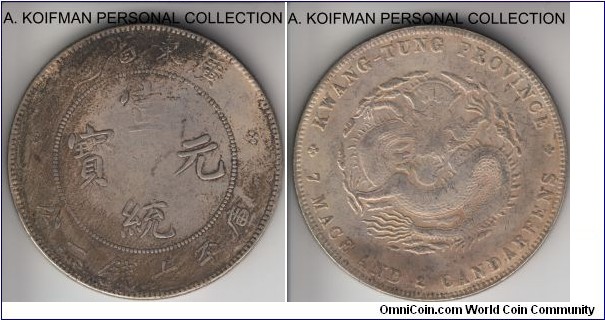 Y#206, (1909-1911) China Kwang-tung province dollar; silver, reeded edge; looks authentic to me in very fine or better condition; slight wear (26.2 gr) seems matching the standard.