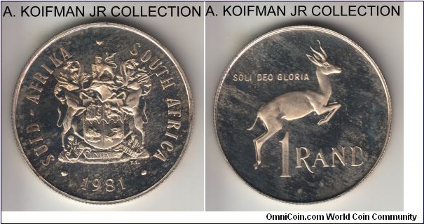 KM-88, 1980 South Africa rand; proof, silver, reeded edge; springbook classic design, mintaghe 10,000 (Numista) or 12,000 (Krause) in proof sets, set toned light cameo uncirculated proof.