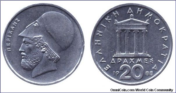 Greece, 20 drachmas, 1988, Cu-Ni, Pericles.                                                                                                                                                                                                                                                                                                                                                                                                                                                                         