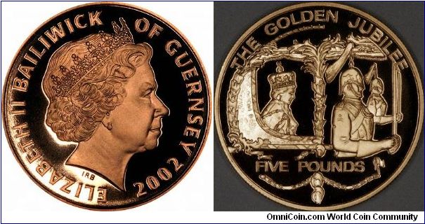 Piedfort (double thickness and weight) Guernsey gold proof Five Pounds for the Queen's Golden Jubilee, contains 2.3542 troy ounces of gold.