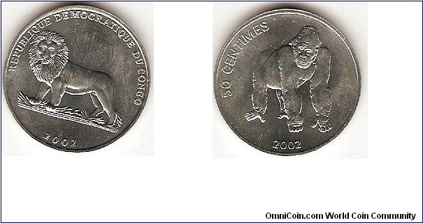 Democratic Republic of Congo (Congo-Kinshasa)
50 centimes
gorilla