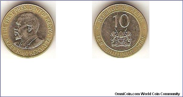 10 shillings
bimetallic
President Mzee Jomo Kenyatta