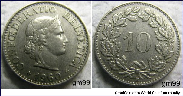 10 Rappen (Copper-Nickel) : 1879-1993
Obverse: Head of Helvetia right, LIBERTAS on headband,
CONFOEDERATIO HELVETICA date
Reverse: Value within wreath,
10