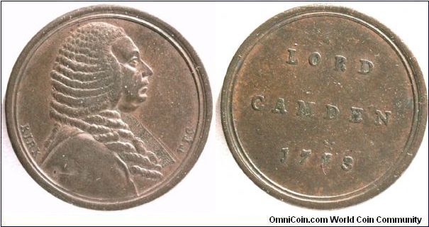 Sentimental token:
LORD CAMDEN 1773, by Kirk for The Sentimental Magazine. 1 of a set of 13 Bronze 26mm.