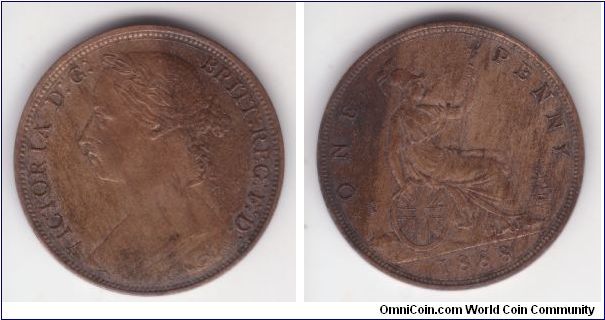 KM-755, 1888 Great Britain penny; little wear but not attractively toned and may have veeb cleaned in the past but looks like a broken serif variety, unusial I's in VICTORIA
