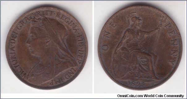 KM-790, Great britain 1895 penny; not very attractive but little wear, almost extra fine; P is relatively close to trident so assume a 1 mm variety although it is definitely further away then 1 mm.