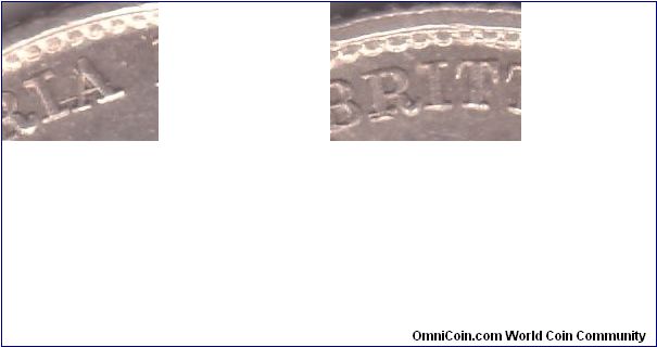 KM-759, 1887 Great Britain 6 pence details for GB87C below; phantom A behind the last A in VISTORIA and recut line in R in BRITT; there is a third die defect in the same coin - recut R in GRATIA but