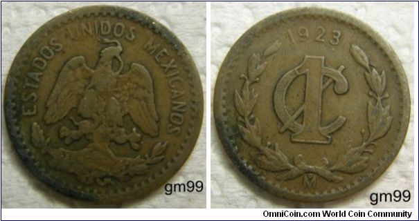 1 Centavo, Obverse: Eagle standing facing on cactus, snake in beak,
ESTADOS UNIDOS MEXICANOS
Reverse: Date above 1 over C, wreath around,
date