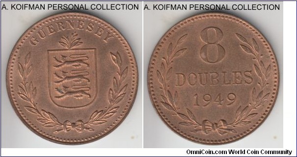 KM-14, 1949 Guernsey, Heaton mint (H mintmark) 8 doubles; bronze, plain edge; last year of the type, these larger, penny equivalent 8 doubles coins were minted in sufficient quantities and this specimen is a nice red brown uncirculated.