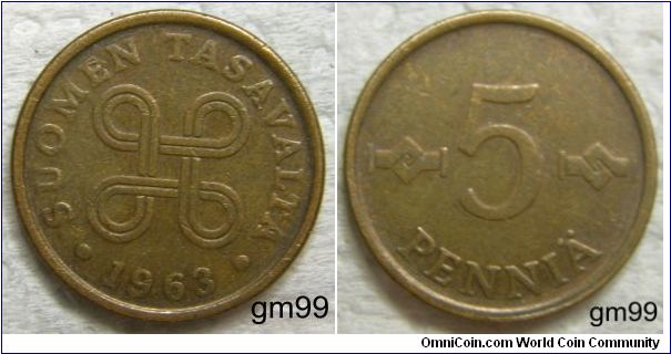 5 Pennia (Copper) : 1963-1977
Obverse; Four circles made of a single interlooping ribbon,
 SUOMEN TASAVALTA date
Reverse; Value.
5 PENNIA