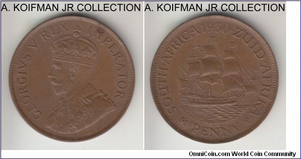 KM-14.2, 1930 South Africa penny; bronze, plain edge; George V, scarcer year, good extra fine.