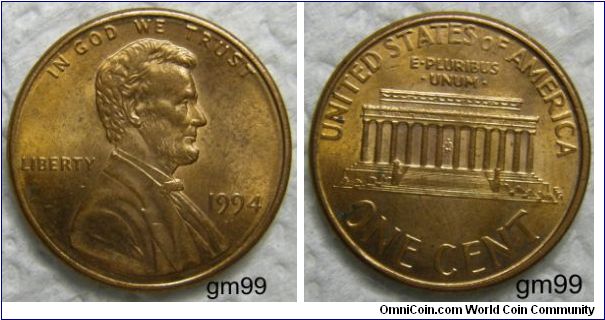 LINCOLN CENTS, MEMORIAL REVERSE,
1994 ONE CENT, Mintmark: None (for Philadelphia, PA) below the date