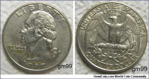 WASHINGTON QUARTER DOLLAR, 25 Cents. 1997P-Mintmark: P (for Philadelphia, PA) on the obverse just right of the ribbon
