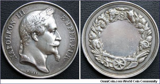 Napoleon III. Circa 1860. Agricultural Medal.  Original strike by Barre.  40mm argent(silver) 38 grams
