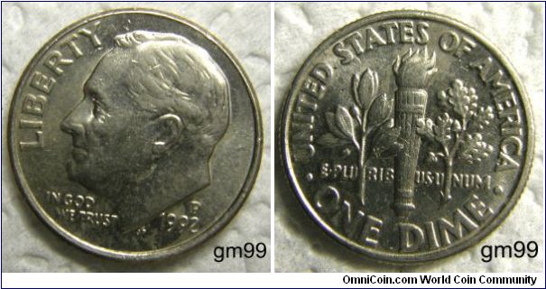 Franklin Delano Roosevelt Dime, 10 Cents. 1992P-Mintmark: P (for Philadelphia, PA) above the date