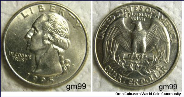 WASHINGTON QUARTER DOLLAR, 25 Cents. 1995D-Mintmark: D (for Denver, CO) on the obverse just right of the ribbon