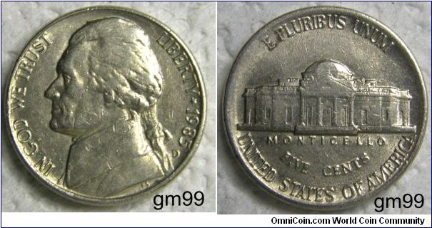 THOMAS JEFFERSON FIVE CENTS. 1985D-Mintmark: Small D (for Denver, Colorado) below the date on the lower right obverse