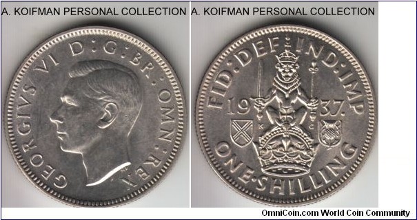 KM-854, 1937 Great Britain shilling; silver, reeded edge; Scottish crest, uncirculated or so.