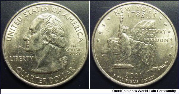 US 2001 quarter dollar, commemorating New York, mintmark D. Special thanks to slowly but surely!