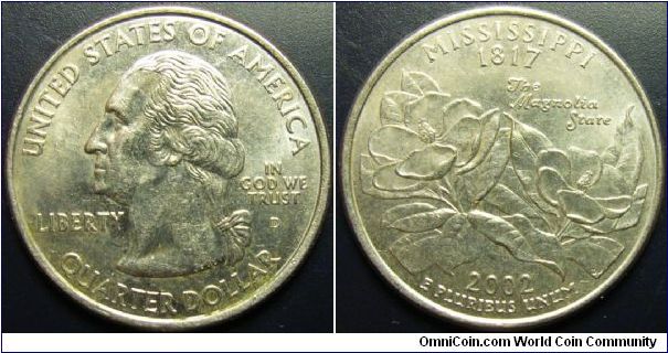 US 2002 quarter dollar, commemorating Mississippi, mintmark D. Special thanks to slowly but surely!