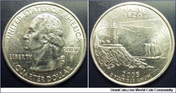 US 2003 quarter dollar, commemorating Maine, mintmark D. Special thanks to slowly but surely!