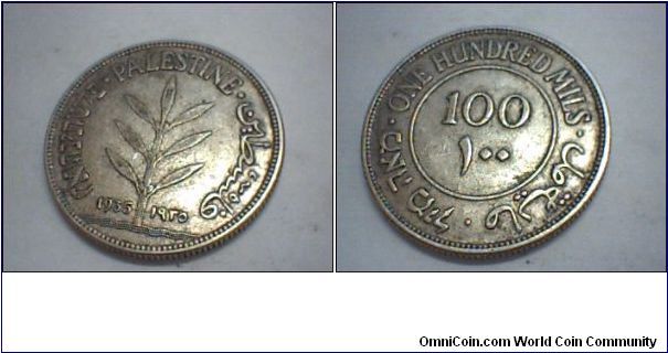 1935 Large Silver Coin ! 100 Mils from Palestine.