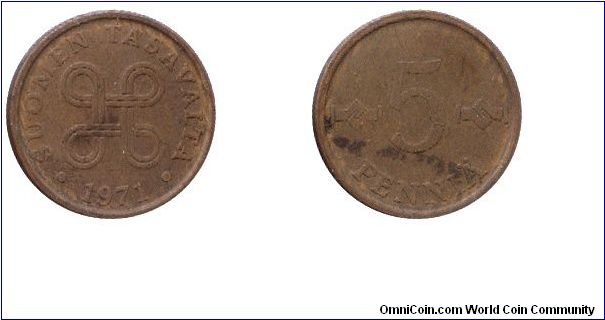 Finland, 5 pennia, 1971, Bronze.                                                                                                                                                                                                                                                                                                                                                                                                                                                                                    