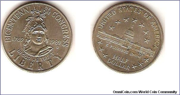 half dollar
copper-nickel clad copper
Bicentennial of the Congress 1789-1989