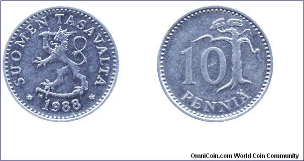 Finland, 10 pennia, 1988, Al, Tree.                                                                                                                                                                                                                                                                                                                                                                                                                                                                                 