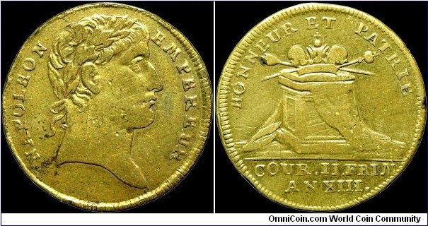 The Coronation of Napoleon I, France.

Actually produced by one of the German state jeton manufacturers this particular medal was one of the most common (and cheap) for the event. It is incorrectly dated; this date in November was changed when the Pope got delayed crossing the Alps in winter.                                                                                                                                                                                                             