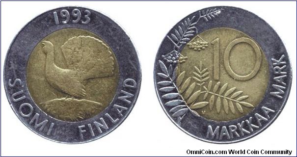 Finland, 10 markkaa, 1993, Cu-Ni-Brass, Bi-metallic, A Capercaillie bird, Rowan tree leaves                                                                                                                                                                                                                                                                                                                                                                                                                         