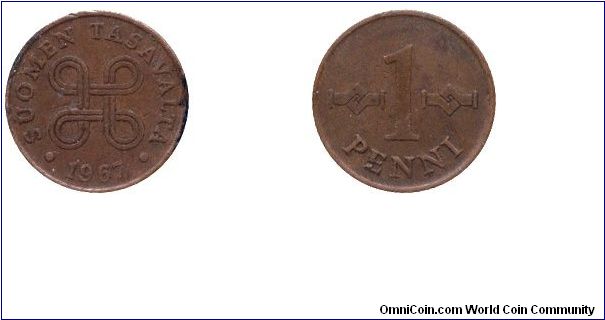 Finland, 1 penni, 1967, Cu.                                                                                                                                                                                                                                                                                                                                                                                                                                                                                         