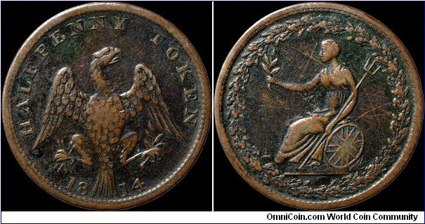 1814 ½ Penny token, Great Britain.

This eagle looks like a freshly killed chicken to me...                                                                                                                                                                                                                                                                                                                                                                                                                            