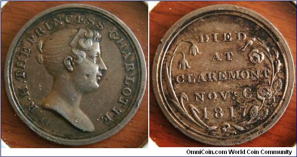 Death of Princess Charlotte: DIED AT CLAREMONT NOV. 6 1817.  Silver 22mm. BHM 947