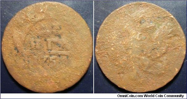 Russia 1753 denga. Corroded.