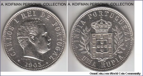 KM-17, 1903 Portuguese India rupia; silver, reeded edge; about uncirculated details, but looks to have been dipped or otherwise cleaned.