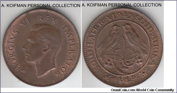 KM-23, 1942 South Africa (Dominion) farthing (1/4 penny); bronze, plain edge; brown uncirculated or about,  re-cut dies in REX IMPERATOR which is not very frequent in South African coins.