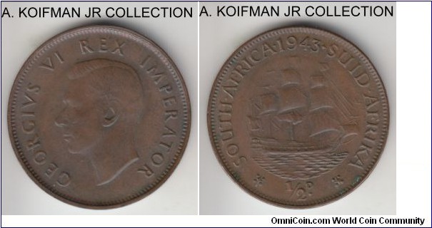 KM-24, 1943 South Africa (Dominion) half penny; bronze, plain edge; George VI, brown weakly struck uncirculated.