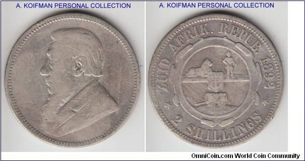 KM-6, 1892 ZAR 2 shillings; silver, reeded edge; fine or about.