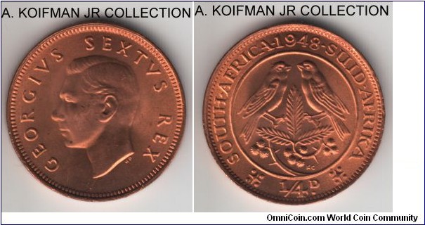 KM-32.1, South Africa (Dominion) farthing (1/4 penny); bronze, plain edge; George VI, red brilliant uncirculated specimen, nice.