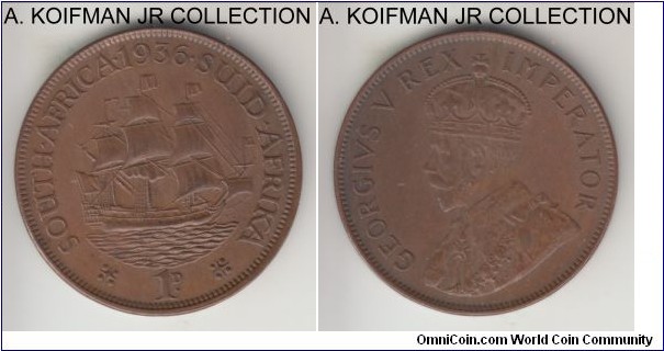 KM-14.3, 1936 South Africa penny; bronze, plain edge; George V last year, relatively common, light brown almost uncirculated.