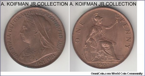 KM-790, 1901 Great Britain penny; bronze, plain edge; Victoria, mature head type, last year of mintage, red brown choice uncirculated.