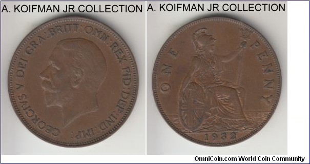 KM-838, 1932 Great Britain penny; bronze, plain edge; George V smallest mintage of the type and scarce in high grades, brown good extra fine.