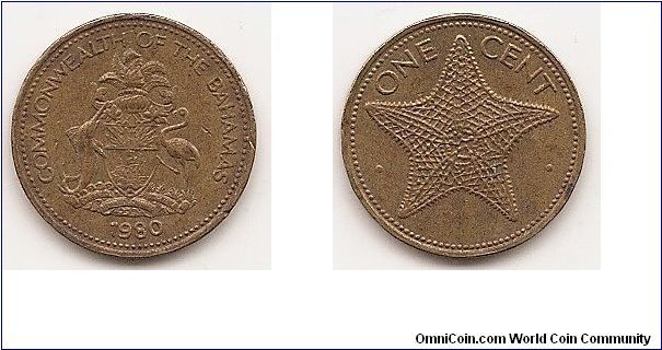 1 Cent
KM#59
3.1600 g., Brass, 19 mm. Ruler: Elizabeth II Obv: National arms
above date Rev: Starfish, value at top Edge: Smooth