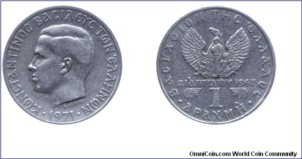 Greece, 1 drachma, 1971, Cu-Ni, King Constantine II.                                                                                                                                                                                                                                                                                                                                                                                                                                                                