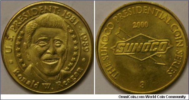Ronald Reagan, 40th president.  Number 3 in the Presidential coin series by Sunoco. 31 mm, brass