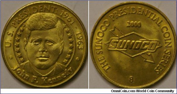 John F. Kennedy 35th president. Number 8 in the Presidential coin series by Sunoco. 31 mm
