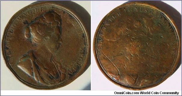 William and Mary: Mary II as Regent 1690, Bronze medal by Norbert Roettiers, 48mm. Rev.  Landscape of mountains, lake below, from which is emptying a river, over which is a full moon. INTER IGNES LVNA MINORES.